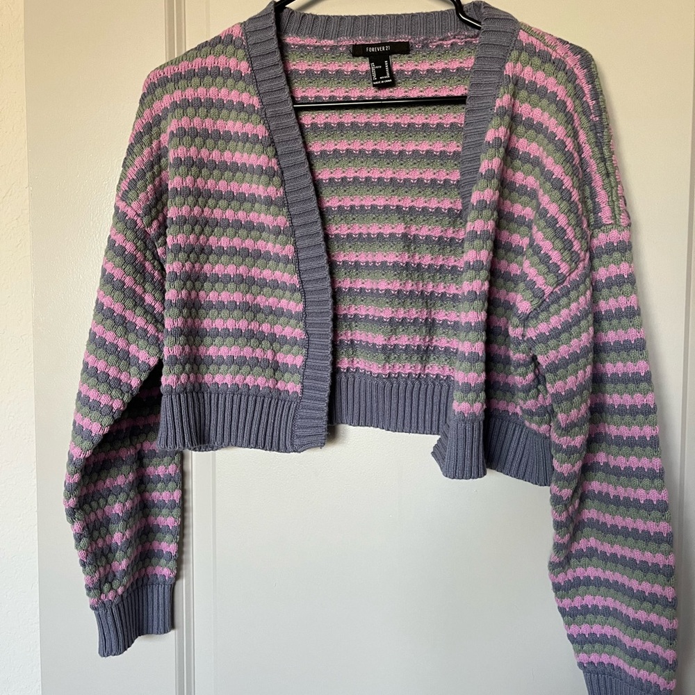 Forever 21 M Striped Purpleish gray, Green and Pink Cropped Sweater